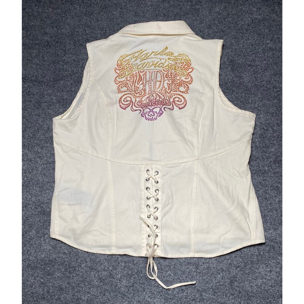VTG Women’s Harley Davidson Cream Vest w/ Bedazzled Logo /Corset Lace Back - Picture 4 of 8